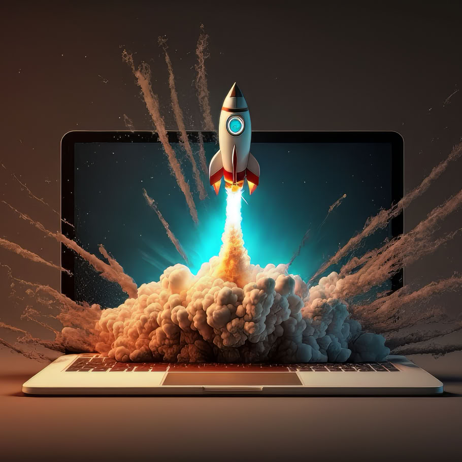 A small rocket launching from a laptop screen with smoke and flames.